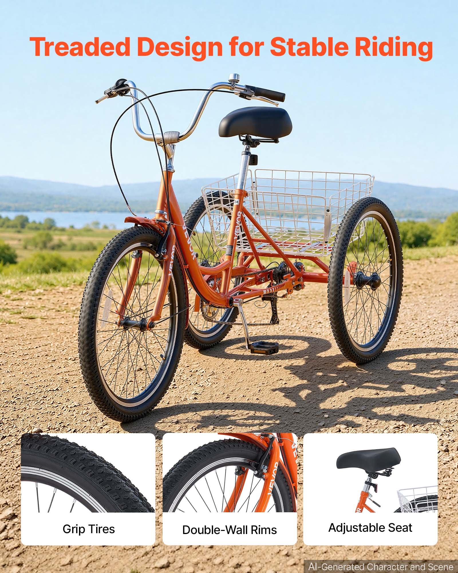 VEVOR Adult Tricycle 24 inch 7 Speed Trikes for Adult 3 Wheel Cruiser Bike, w/ Cargo Basket, Adjustable Seat, and Double-Wall Wheel Rims, Carbon Steel Shopping Tricycles for Women, Men, Senior (Red)