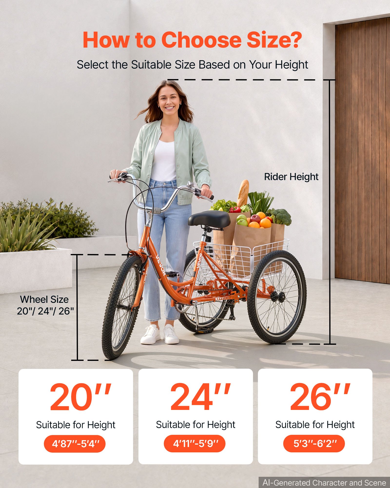 VEVOR Adult Tricycle 24 inch 7 Speed Trikes for Adult 3 Wheel Cruiser Bike, w/ Cargo Basket, Adjustable Seat, and Double-Wall Wheel Rims, Carbon Steel Shopping Tricycles for Women, Men, Senior (Red)