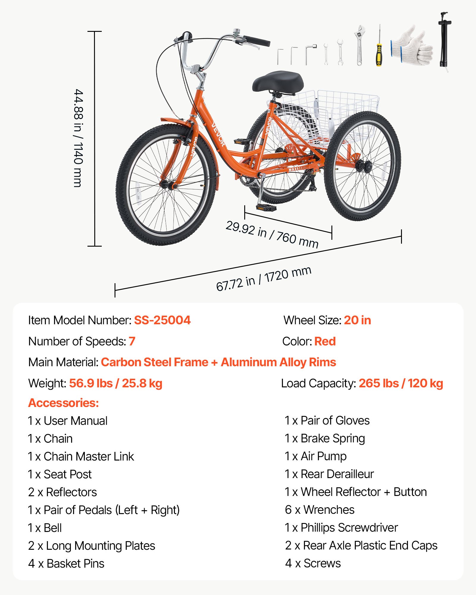 VEVOR Adult Tricycle 24 inch 7 Speed Trikes for Adult 3 Wheel Cruiser Bike, w/ Cargo Basket, Adjustable Seat, and Double-Wall Wheel Rims, Carbon Steel Shopping Tricycles for Women, Men, Senior (Red)