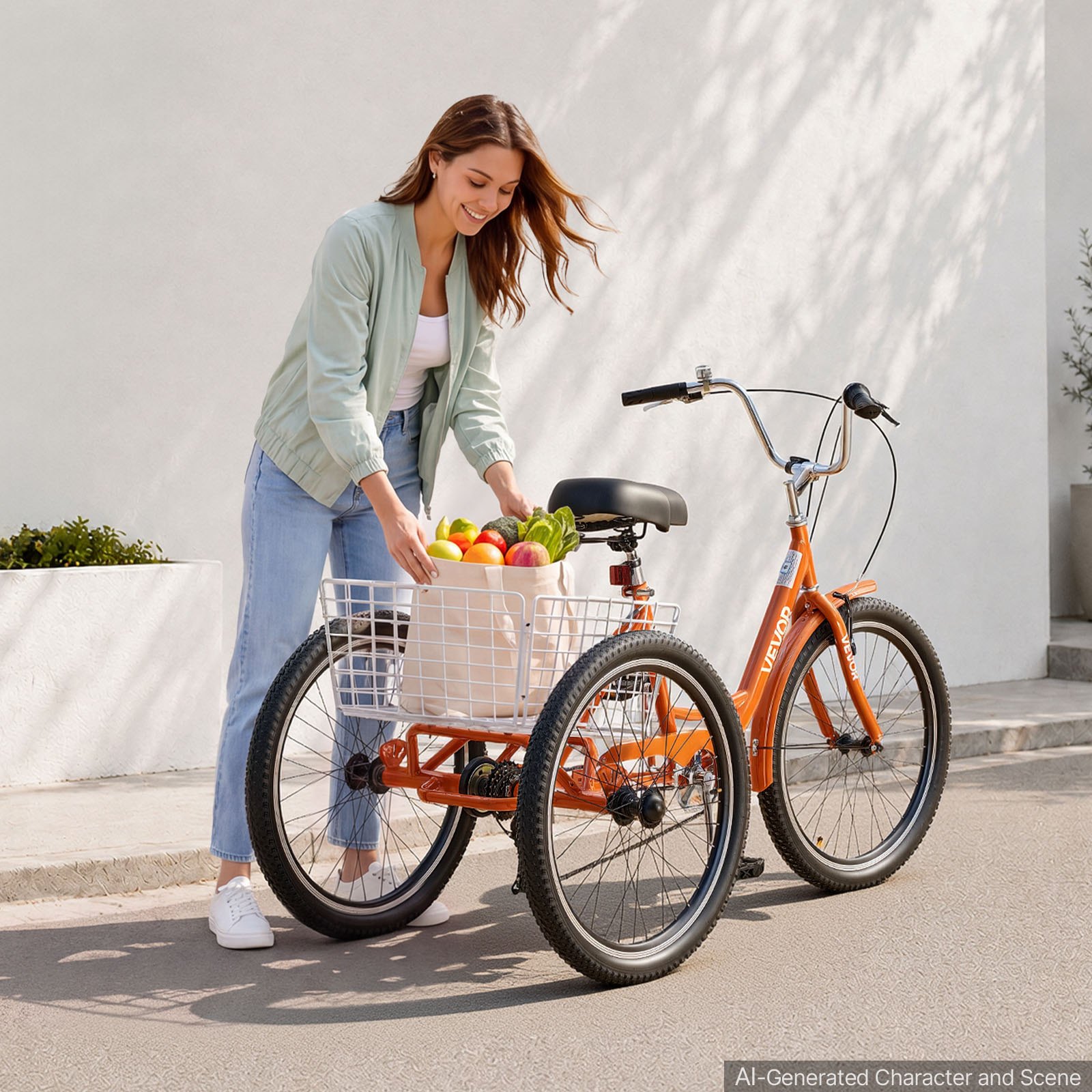 VEVOR Adult Tricycle 24 inch 7 Speed Trikes for Adult 3 Wheel Cruiser Bike, w/ Cargo Basket, Adjustable Seat, and Double-Wall Wheel Rims, Carbon Steel Shopping Tricycles for Women, Men, Senior (Red)