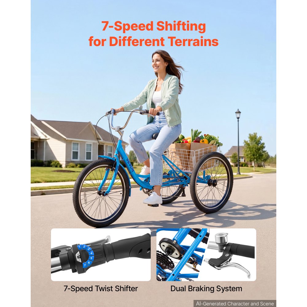 VEVOR Adult Tricycle 24 inch 7 Speed Trikes for Adult 3 Wheel Cruiser Bike, w/ Cargo Basket, Adjustable Seat, and Double-Wall Wheel Rims, Carbon Steel Shopping Tricycles for Women, Men, Senior (Blue)