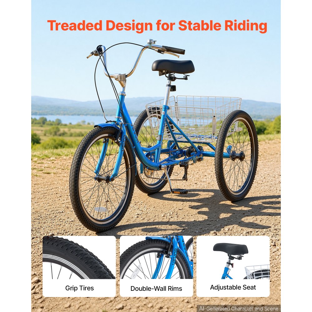 VEVOR Adult Tricycle 24 inch 7 Speed Trikes for Adult 3 Wheel Cruiser Bike, w/ Cargo Basket, Adjustable Seat, and Double-Wall Wheel Rims, Carbon Steel Shopping Tricycles for Women, Men, Senior (Blue)