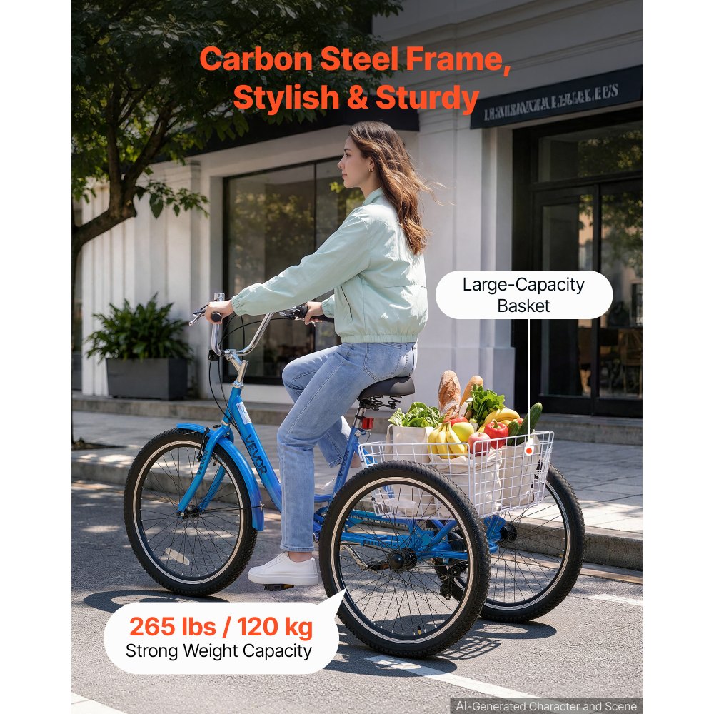 VEVOR Adult Tricycle 24 inch 7 Speed Trikes for Adult 3 Wheel Cruiser Bike, w/ Cargo Basket, Adjustable Seat, and Double-Wall Wheel Rims, Carbon Steel Shopping Tricycles for Women, Men, Senior (Blue)