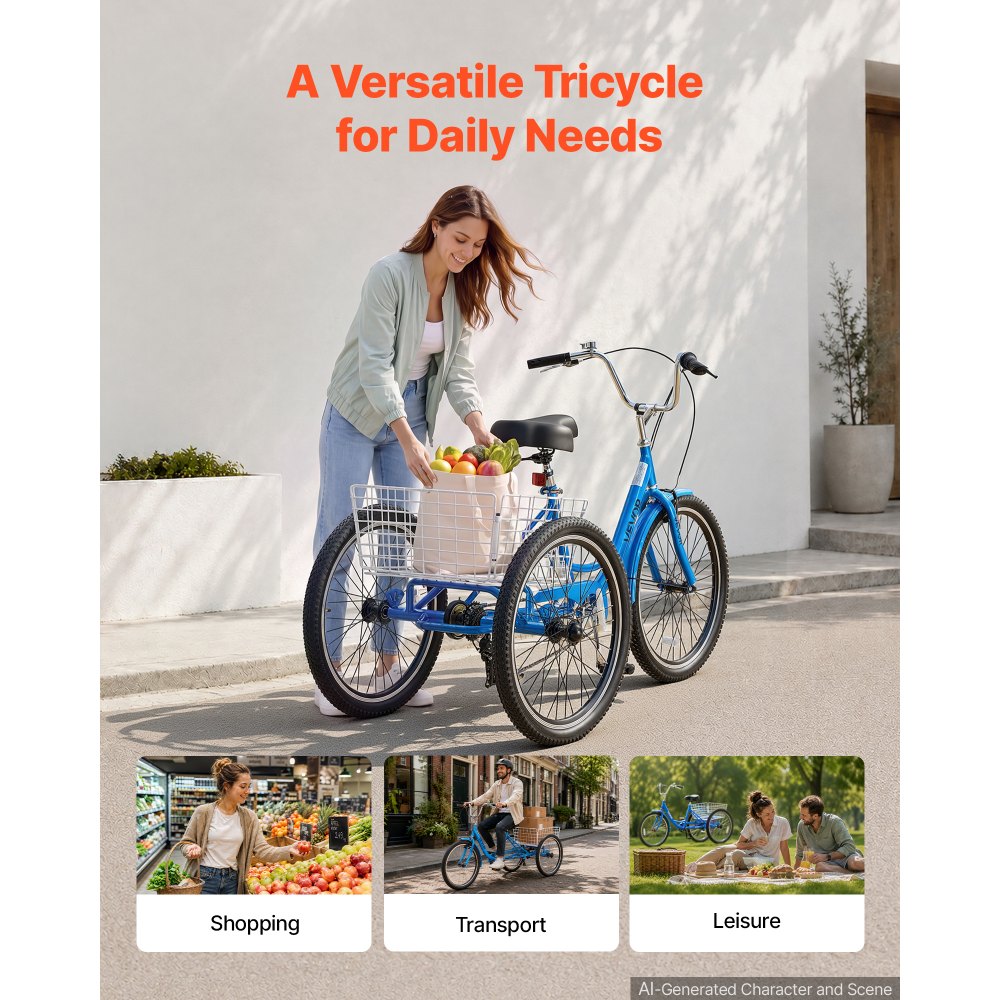 VEVOR Adult Tricycle 24 inch 7 Speed Trikes for Adult 3 Wheel Cruiser Bike, w/ Cargo Basket, Adjustable Seat, and Double-Wall Wheel Rims, Carbon Steel Shopping Tricycles for Women, Men, Senior (Blue)