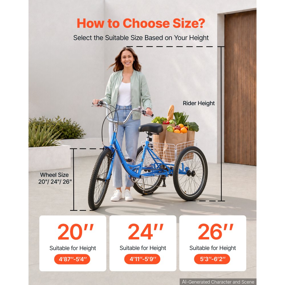 VEVOR Adult Tricycle 24 inch 7 Speed Trikes for Adult 3 Wheel Cruiser Bike, w/ Cargo Basket, Adjustable Seat, and Double-Wall Wheel Rims, Carbon Steel Shopping Tricycles for Women, Men, Senior (Blue)