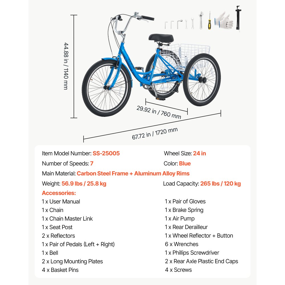 VEVOR Adult Tricycle 24 inch 7 Speed Trikes for Adult 3 Wheel Cruiser Bike, w/ Cargo Basket, Adjustable Seat, and Double-Wall Wheel Rims, Carbon Steel Shopping Tricycles for Women, Men, Senior (Blue)