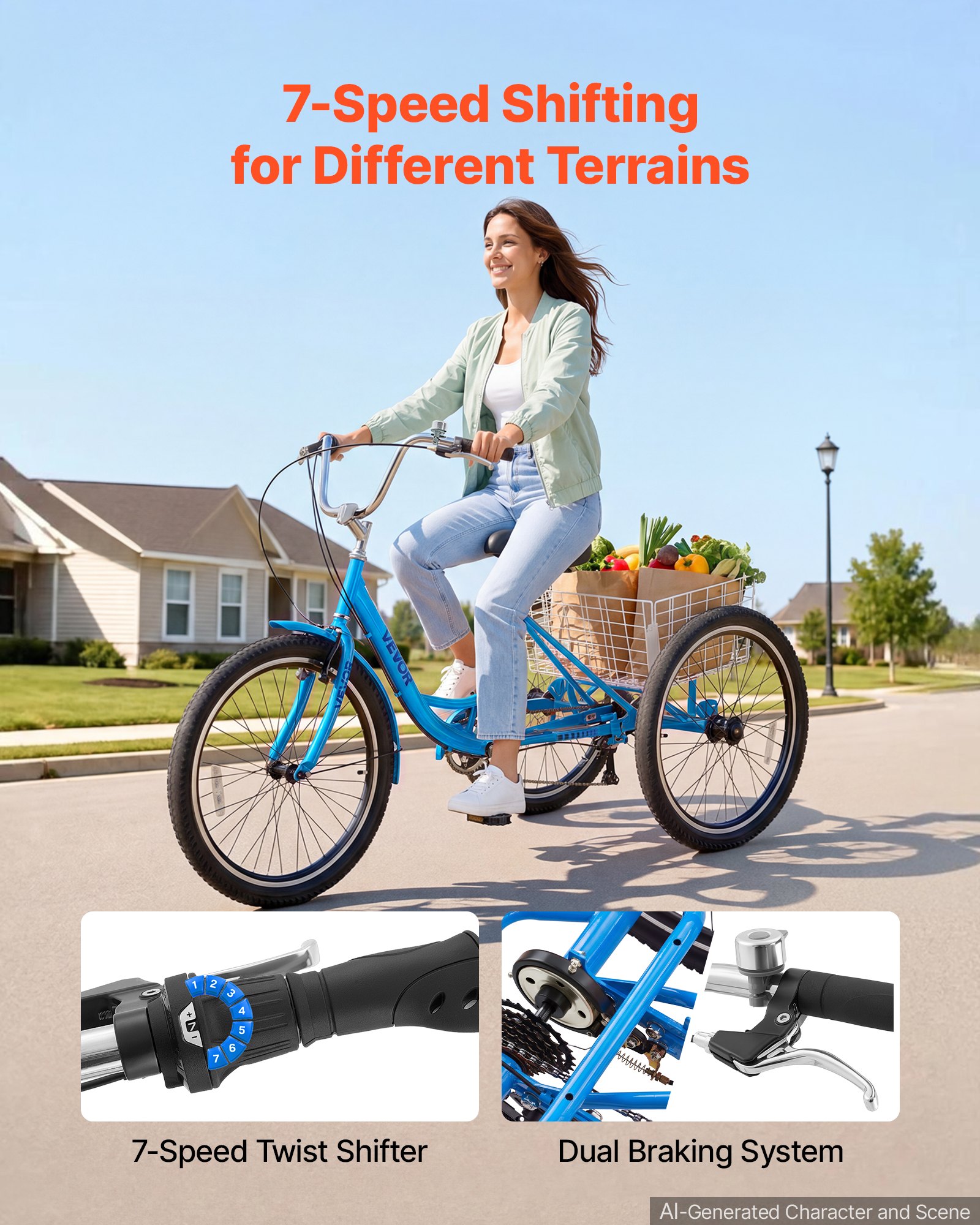 VEVOR Adult Tricycle 24 inch 7 Speed Trikes for Adult 3 Wheel Cruiser Bike, w/ Cargo Basket, Adjustable Seat, and Double-Wall Wheel Rims, Carbon Steel Shopping Tricycles for Women, Men, Senior (Blue)
