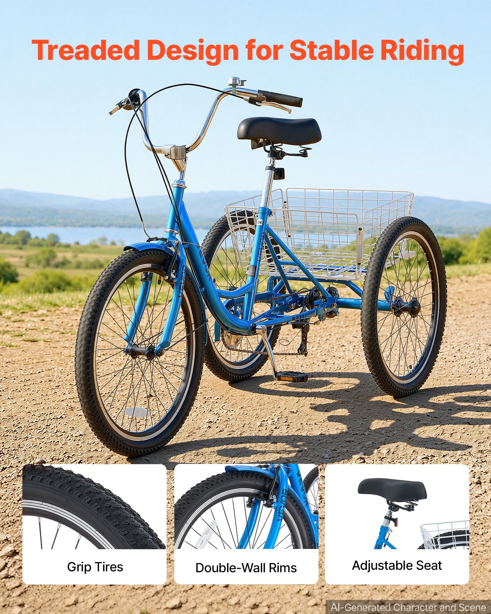 VEVOR Adult Tricycle 24 inch 7 Speed Trikes for Adult 3 Wheel Cruiser Bike, w/ Cargo Basket, Adjustable Seat, and Double-Wall Wheel Rims, Carbon Steel Shopping Tricycles for Women, Men, Senior (Blue)