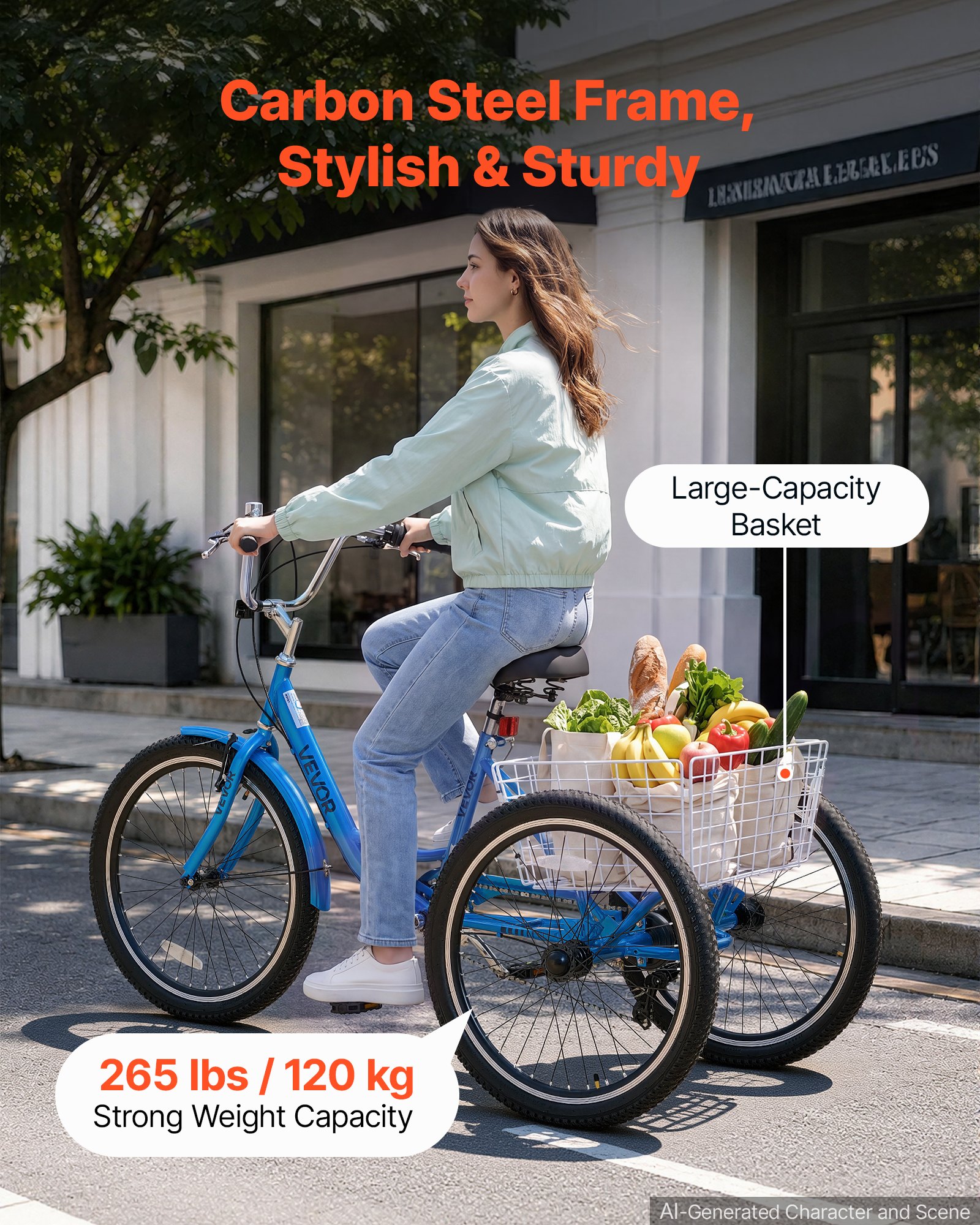 VEVOR Adult Tricycle 24 inch 7 Speed Trikes for Adult 3 Wheel Cruiser Bike, w/ Cargo Basket, Adjustable Seat, and Double-Wall Wheel Rims, Carbon Steel Shopping Tricycles for Women, Men, Senior (Blue)