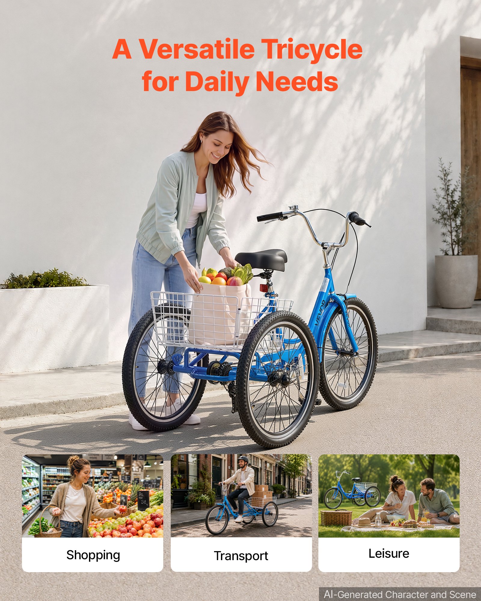 VEVOR Adult Tricycle 24 inch 7 Speed Trikes for Adult 3 Wheel Cruiser Bike, w/ Cargo Basket, Adjustable Seat, and Double-Wall Wheel Rims, Carbon Steel Shopping Tricycles for Women, Men, Senior (Blue)