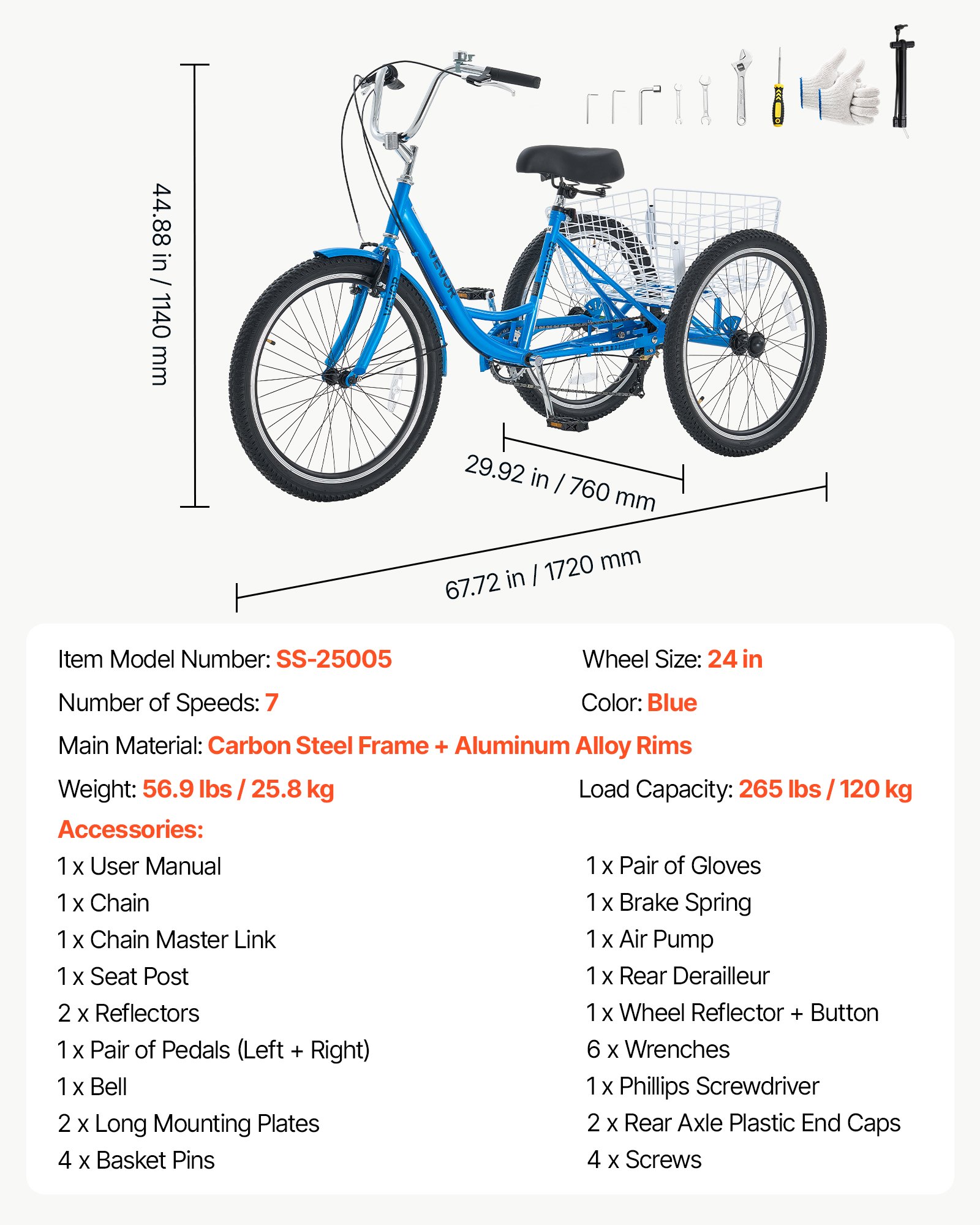 VEVOR Adult Tricycle 24 inch 7 Speed Trikes for Adult 3 Wheel Cruiser Bike, w/ Cargo Basket, Adjustable Seat, and Double-Wall Wheel Rims, Carbon Steel Shopping Tricycles for Women, Men, Senior (Blue)