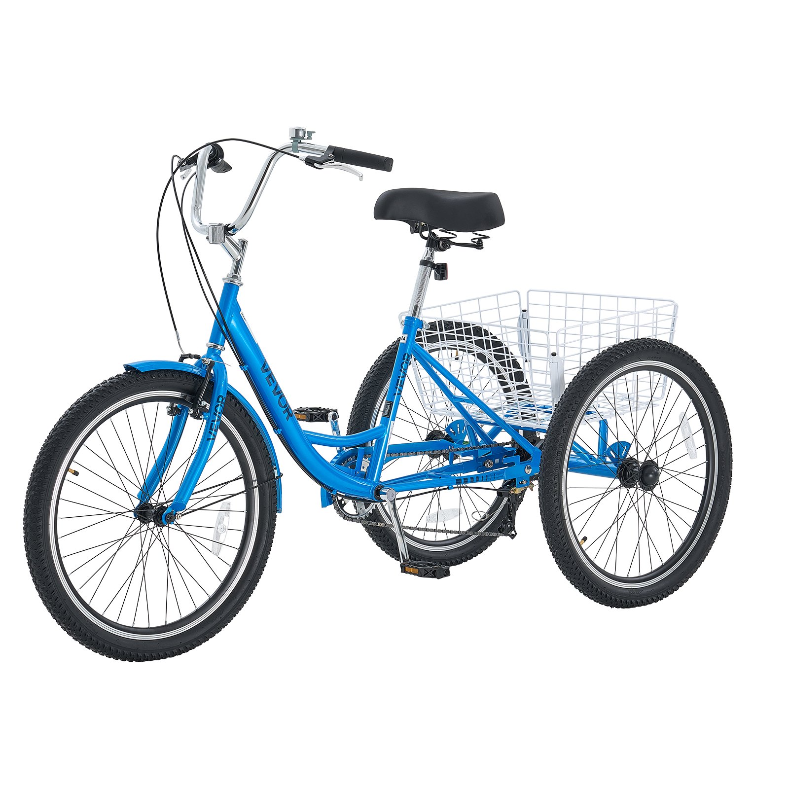 VEVOR Adult Tricycle 24 inch 7 Speed Trikes for Adult 3 Wheel Cruiser Bike, w/ Cargo Basket, Adjustable Seat, and Double-Wall Wheel Rims, Carbon Steel Shopping Tricycles for Women, Men, Senior (Blue)