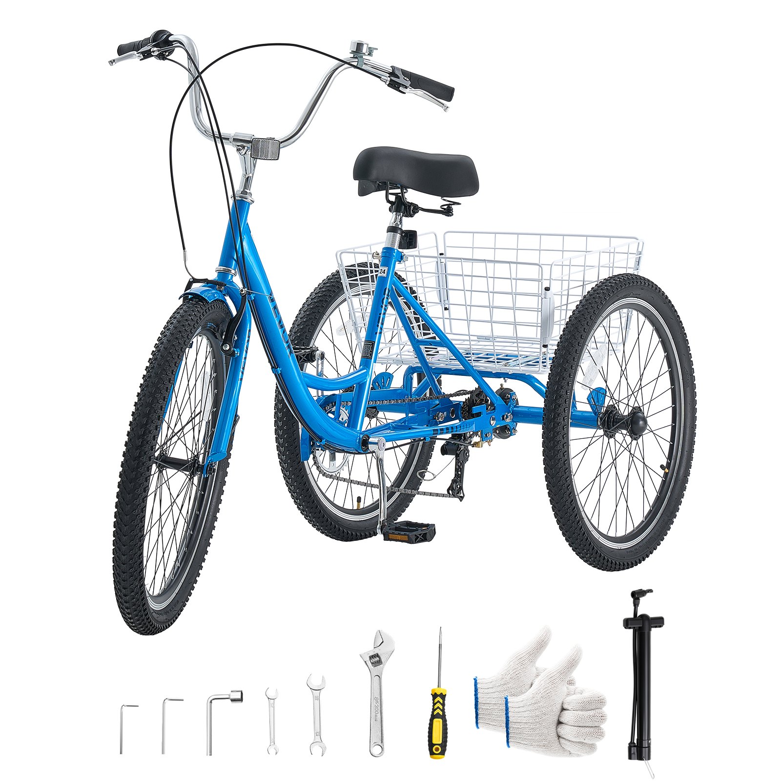 VEVOR Adult Tricycle 24 inch 7 Speed Trikes for Adult 3 Wheel Cruiser Bike, w/ Cargo Basket, Adjustable Seat, and Double-Wall Wheel Rims, Carbon Steel Shopping Tricycles for Women, Men, Senior (Blue)
