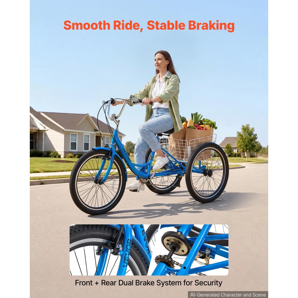 VEVOR Adult Tricycle 26 inch Trike for Adult 3 Wheel Cruiser Bike, with Cargo Basket, Adjustable Seat, and Double-Wall Wheel Rims, Carbon Steel Shopping Picnic Tricycles for Women, Men, Seniors