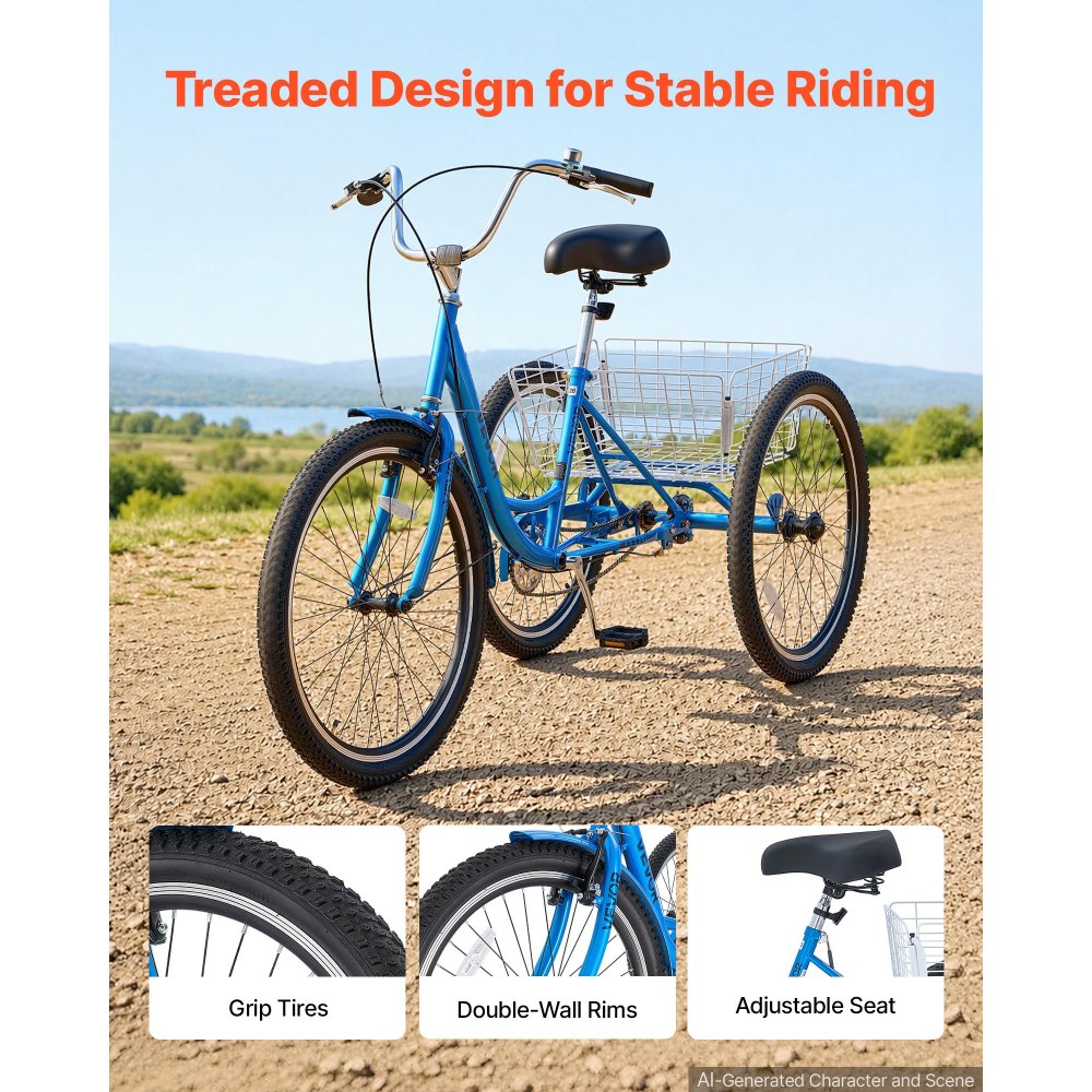VEVOR Adult Tricycle 26 inch Trike for Adult 3 Wheel Cruiser Bike, with Cargo Basket, Adjustable Seat, and Double-Wall Wheel Rims, Carbon Steel Shopping Picnic Tricycles for Women, Men, Seniors