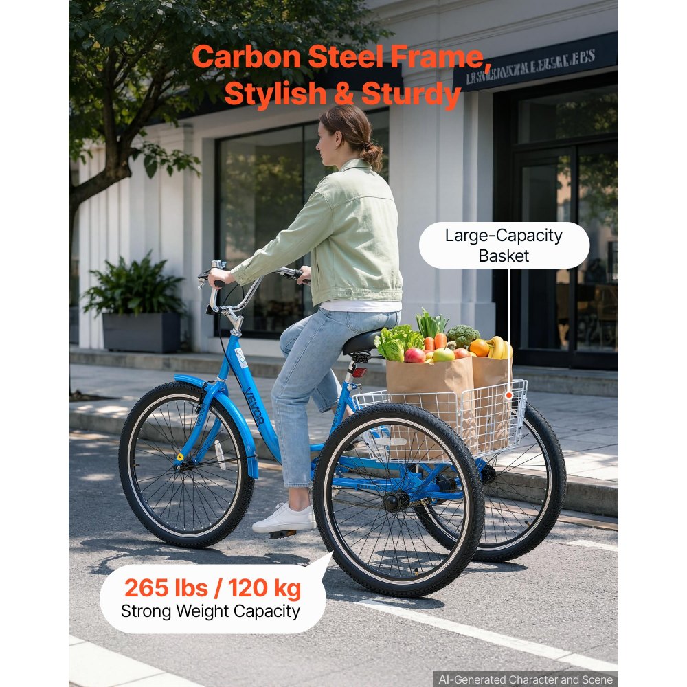 VEVOR Adult Tricycle 26 inch Trike for Adult 3 Wheel Cruiser Bike, with Cargo Basket, Adjustable Seat, and Double-Wall Wheel Rims, Carbon Steel Shopping Picnic Tricycles for Women, Men, Seniors