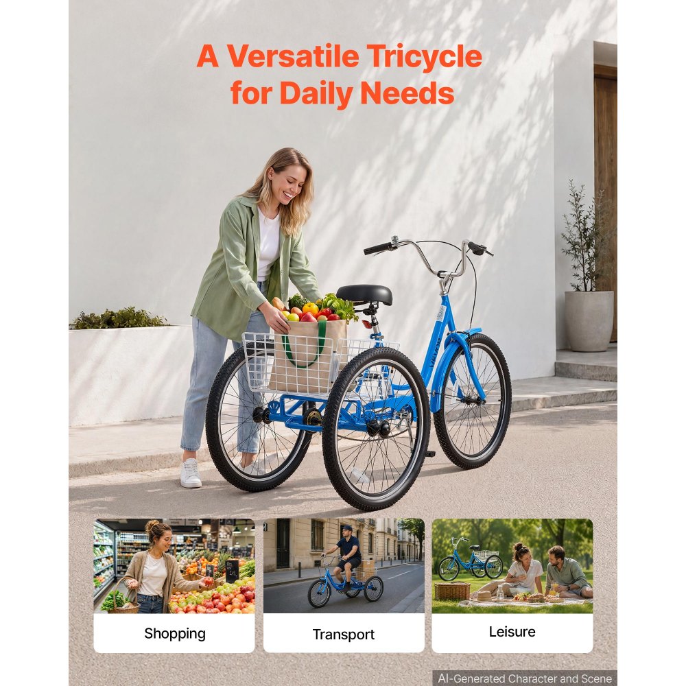 VEVOR Adult Tricycle 26 inch Trike for Adult 3 Wheel Cruiser Bike, with Cargo Basket, Adjustable Seat, and Double-Wall Wheel Rims, Carbon Steel Shopping Picnic Tricycles for Women, Men, Seniors