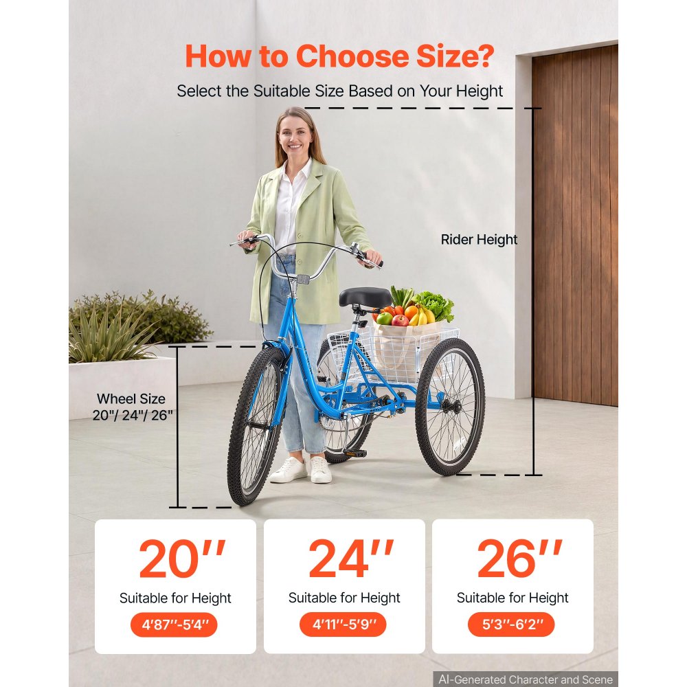 VEVOR Adult Tricycle 26 inch Trike for Adult 3 Wheel Cruiser Bike, with Cargo Basket, Adjustable Seat, and Double-Wall Wheel Rims, Carbon Steel Shopping Picnic Tricycles for Women, Men, Seniors
