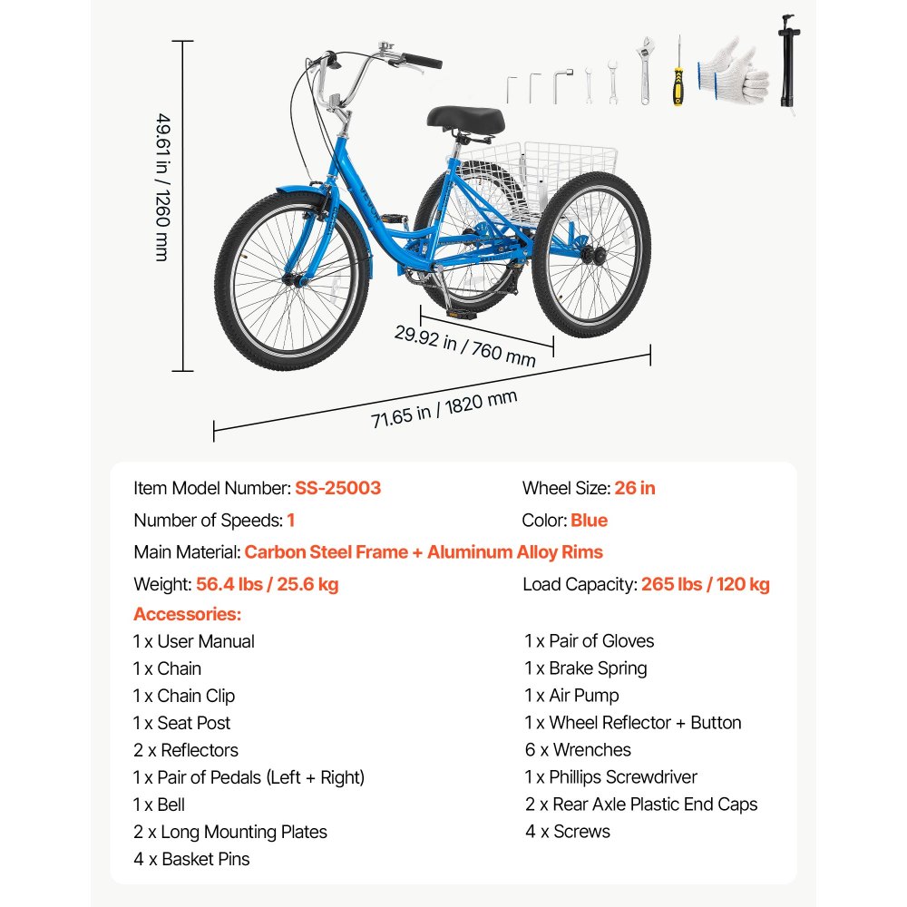 VEVOR Adult Tricycle 26 inch Trike for Adult 3 Wheel Cruiser Bike, with Cargo Basket, Adjustable Seat, and Double-Wall Wheel Rims, Carbon Steel Shopping Picnic Tricycles for Women, Men, Seniors