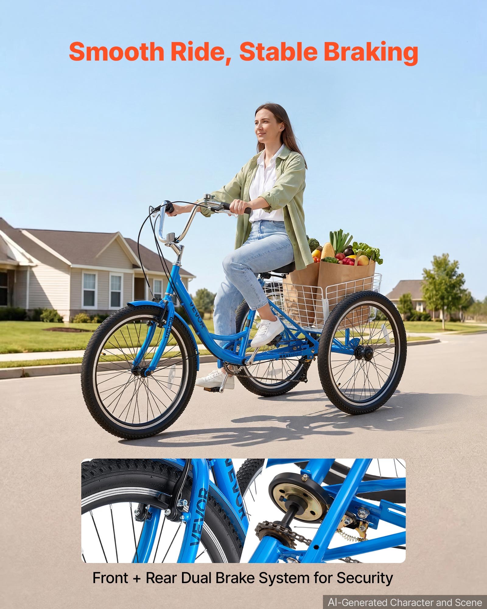 VEVOR Adult Tricycle 26 inch Trike for Adult 3 Wheel Cruiser Bike, with Cargo Basket, Adjustable Seat, and Double-Wall Wheel Rims, Carbon Steel Shopping Picnic Tricycles for Women, Men, Seniors