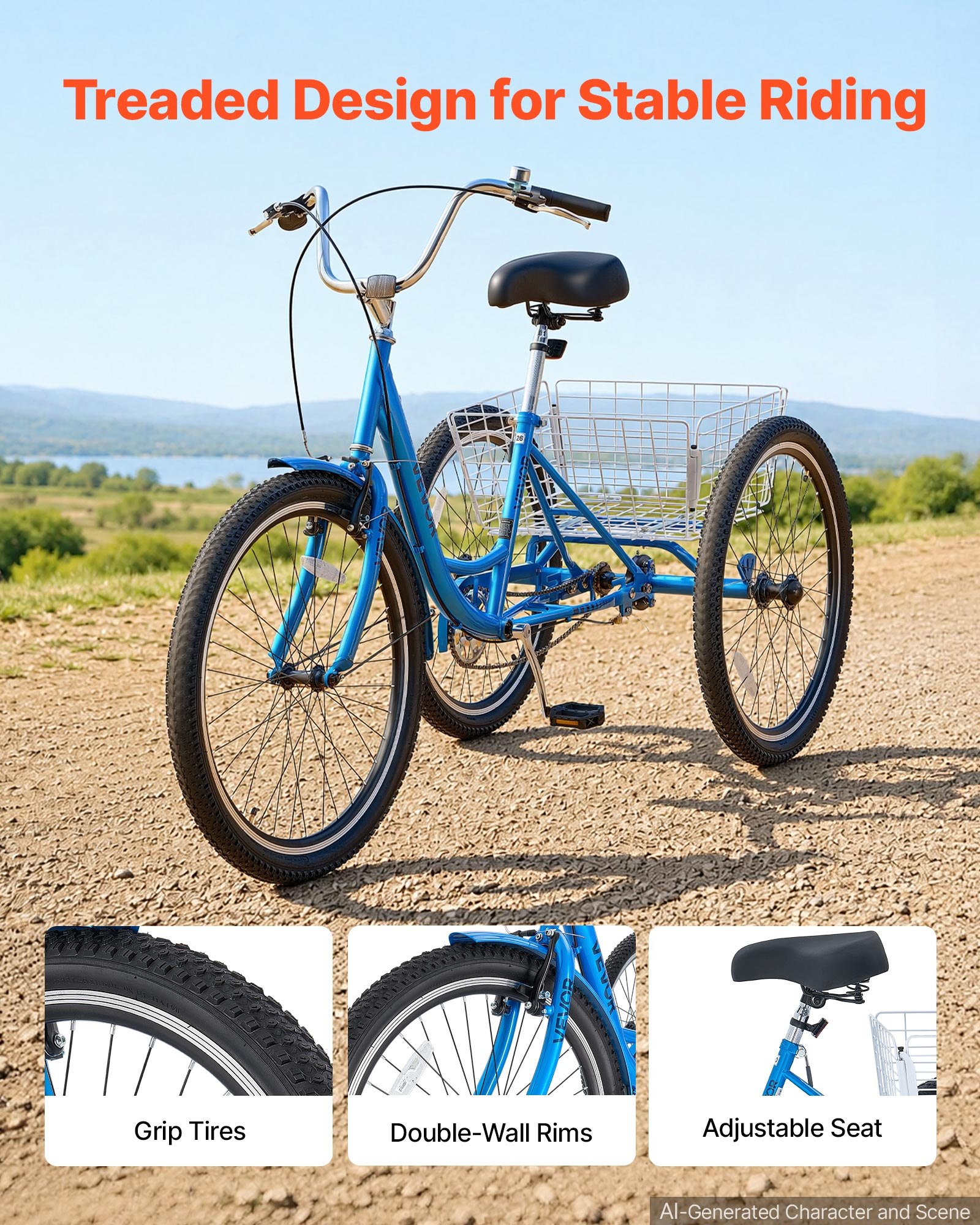 VEVOR Adult Tricycle 26 inch Trike for Adult 3 Wheel Cruiser Bike, with Cargo Basket, Adjustable Seat, and Double-Wall Wheel Rims, Carbon Steel Shopping Picnic Tricycles for Women, Men, Seniors