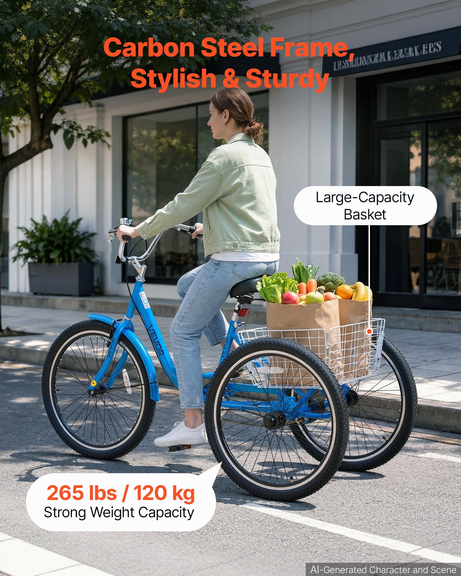 VEVOR Adult Tricycle 26 inch Trike for Adult 3 Wheel Cruiser Bike, with Cargo Basket, Adjustable Seat, and Double-Wall Wheel Rims, Carbon Steel Shopping Picnic Tricycles for Women, Men, Seniors