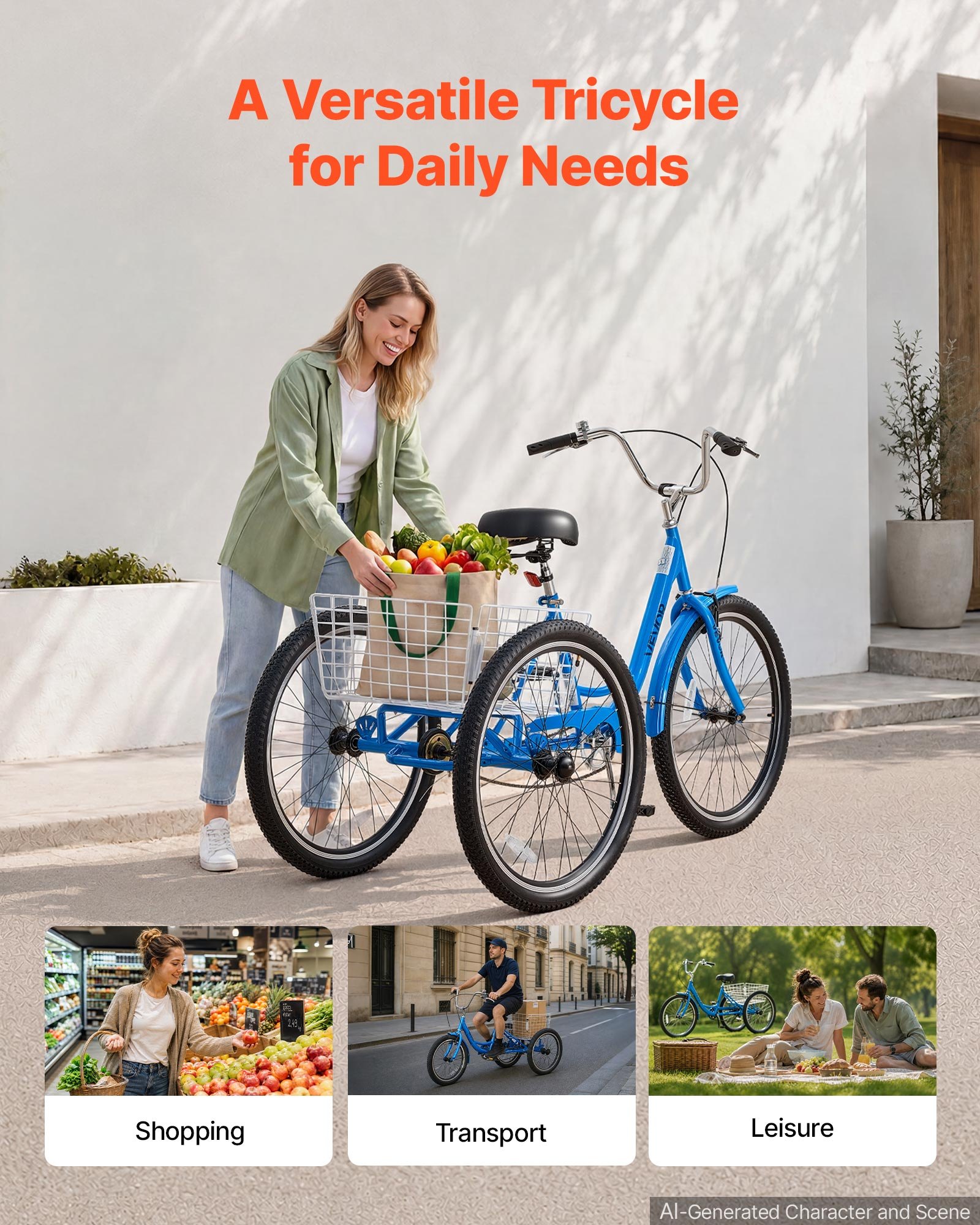 VEVOR Adult Tricycle 26 inch Trike for Adult 3 Wheel Cruiser Bike, with Cargo Basket, Adjustable Seat, and Double-Wall Wheel Rims, Carbon Steel Shopping Picnic Tricycles for Women, Men, Seniors