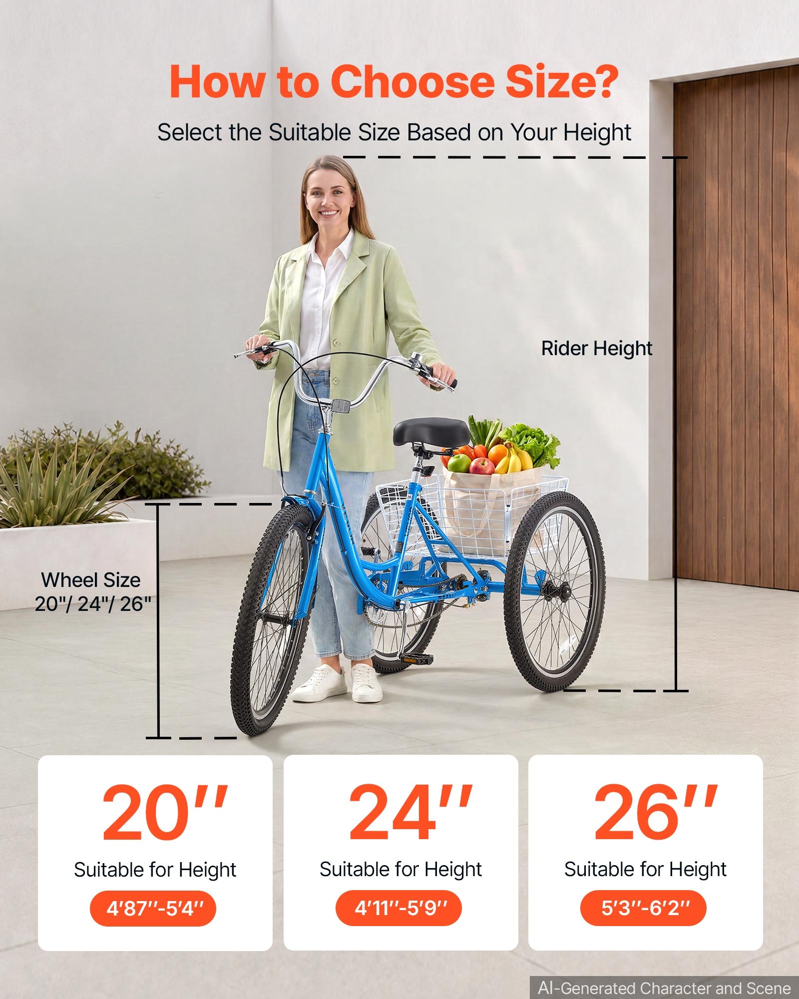 VEVOR Adult Tricycle 26 inch Trike for Adult 3 Wheel Cruiser Bike, with Cargo Basket, Adjustable Seat, and Double-Wall Wheel Rims, Carbon Steel Shopping Picnic Tricycles for Women, Men, Seniors
