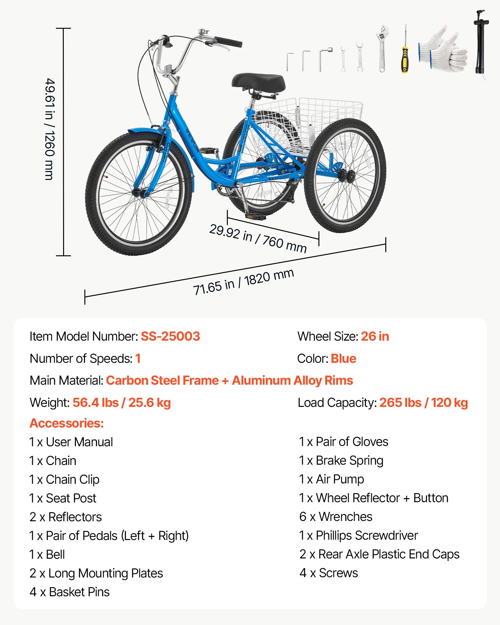 VEVOR Adult Tricycle 26 inch Trike for Adult 3 Wheel Cruiser Bike, with Cargo Basket, Adjustable Seat, and Double-Wall Wheel Rims, Carbon Steel Shopping Picnic Tricycles for Women, Men, Seniors