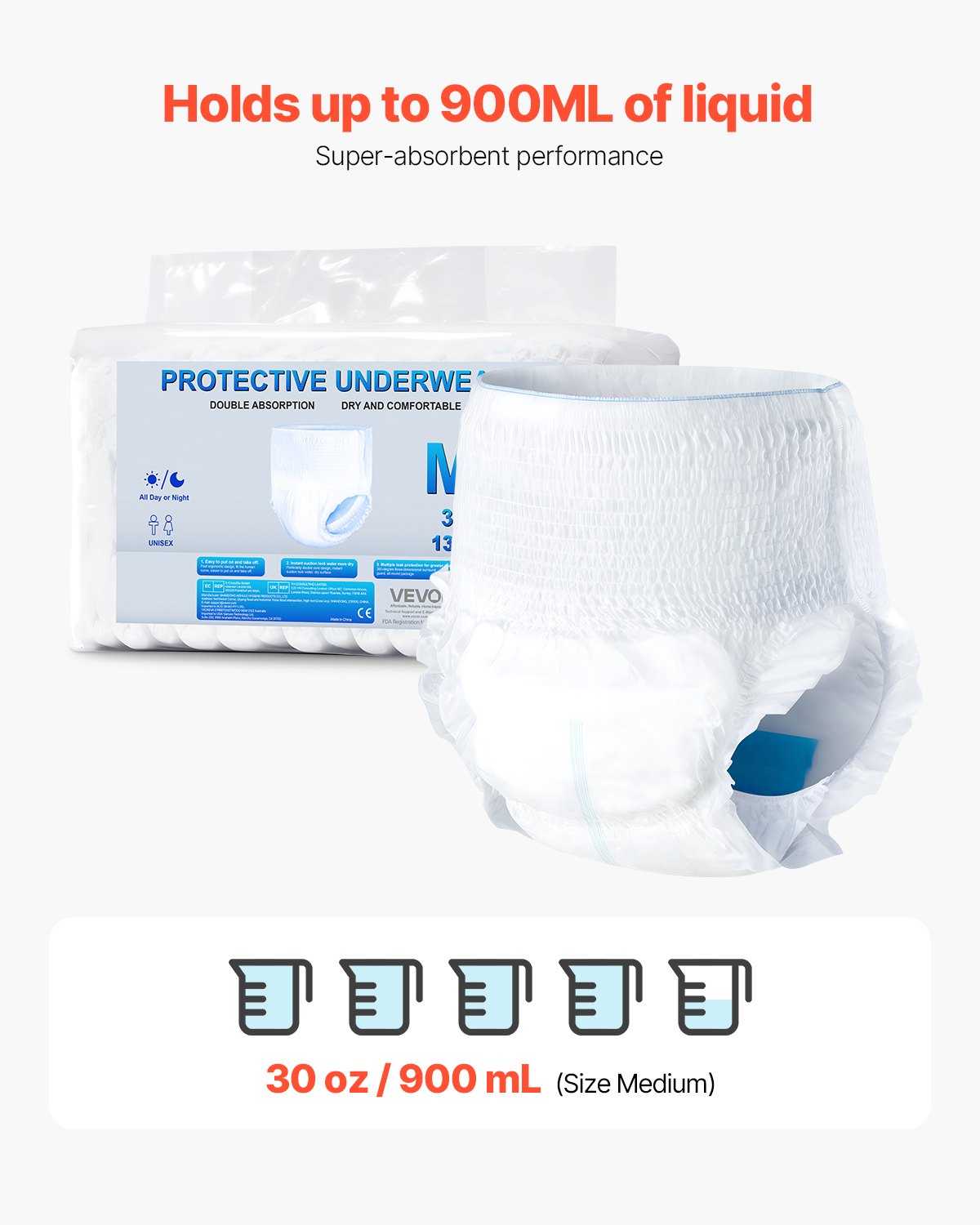 VEVOR Adult Incontinence Underwear, High Absorbent Protective Underwear for Men & Women, Disposable Adult Pull-ups Diapers with Leakproof Leg Cuff & Wetness Indicator - M Size, 64 Count (4 Pack of 16)