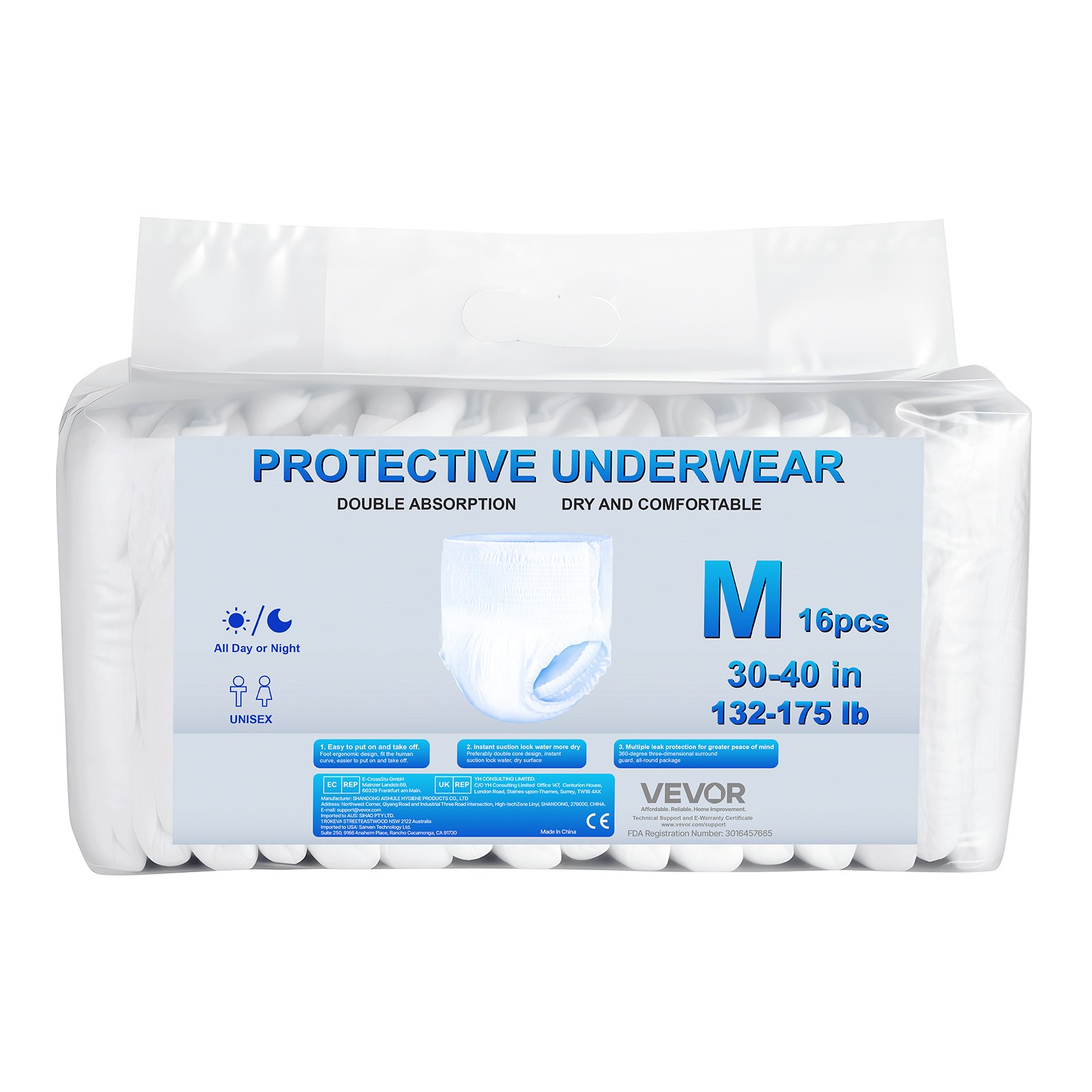 VEVOR Adult Incontinence Underwear, High Absorbent Protective Underwear for Men & Women, Disposable Adult Pull-ups Diapers with Leakproof Leg Cuff & Wetness Indicator - M Size, 64 Count (4 Pack of 16)