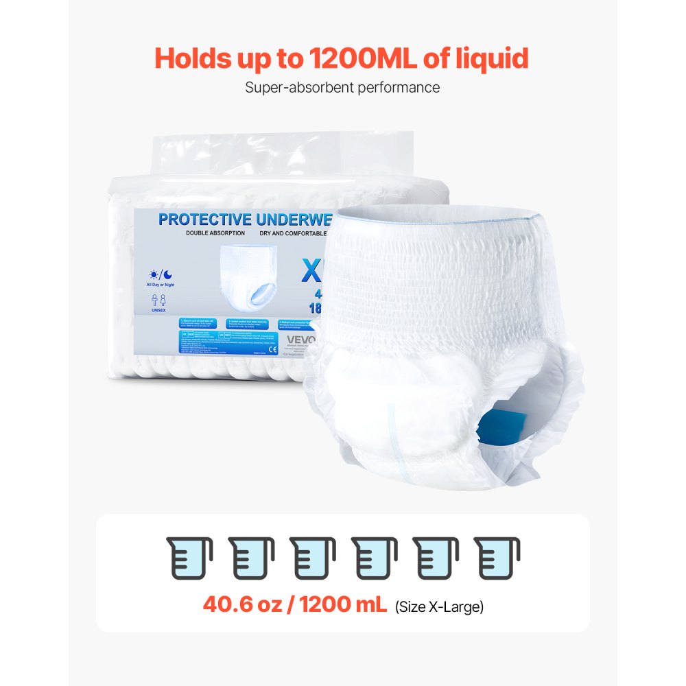 VEVOR Adult Incontinence Underwear, High Absorbent Protective Underwear for Men & Women, Disposable Adult Pull-ups Diaper with Leakproof Leg Cuff & Wetness Indicator - XL Size, 64 Count (4 Pack of 16)