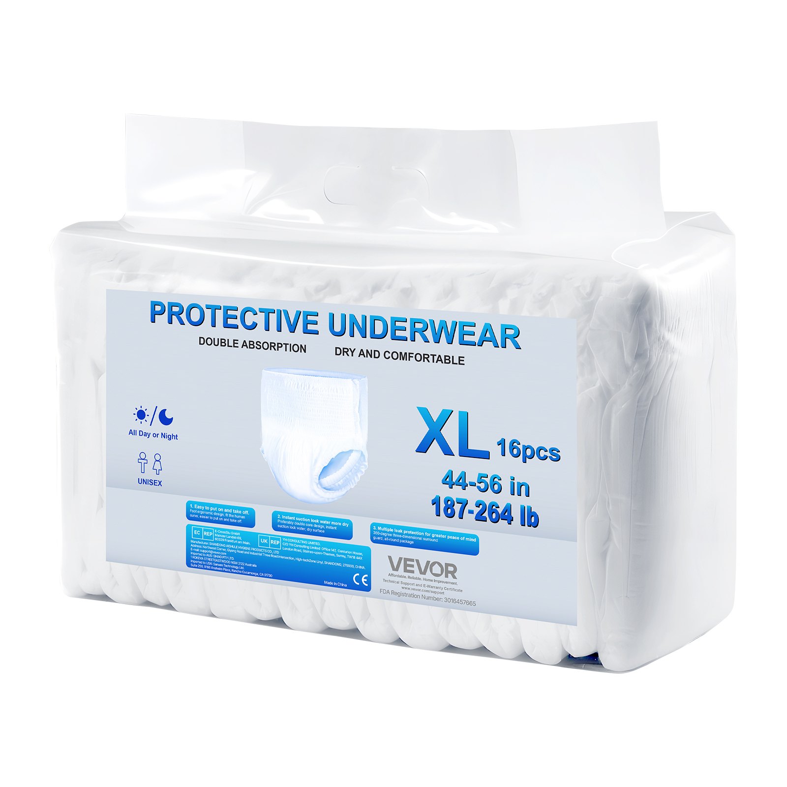 VEVOR Adult Incontinence Underwear, High Absorbent Protective Underwear for Men & Women, Disposable Adult Pull-ups Diaper with Leakproof Leg Cuff & Wetness Indicator - XL Size, 64 Count (4 Pack of 16)