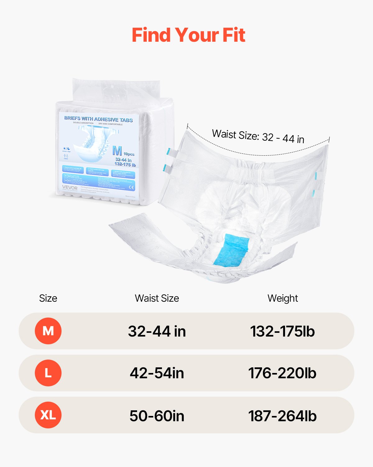 VEVOR Adult Briefs with Tabs, Super Absorbent Incontinence Briefs for Men and Women, Disposable Adult Diapers with Leakproof 3D Surround Guard & Wetness Indicator - M Size, 40 Count (4 Packs of 10)
