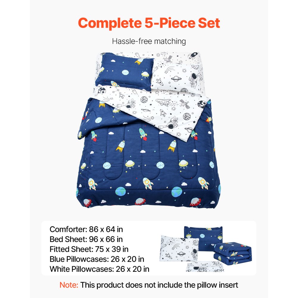 VEVOR Kids Comforter Set, 5 Pieces, Twin Bedding Sets with 1 Comforter, 1 Flat Sheet, 1 Fitted Sheet, 2 Pillowcases, Soft Microfiber & Space Printed, Bedding Comforter Sets for Boys Girls Teen