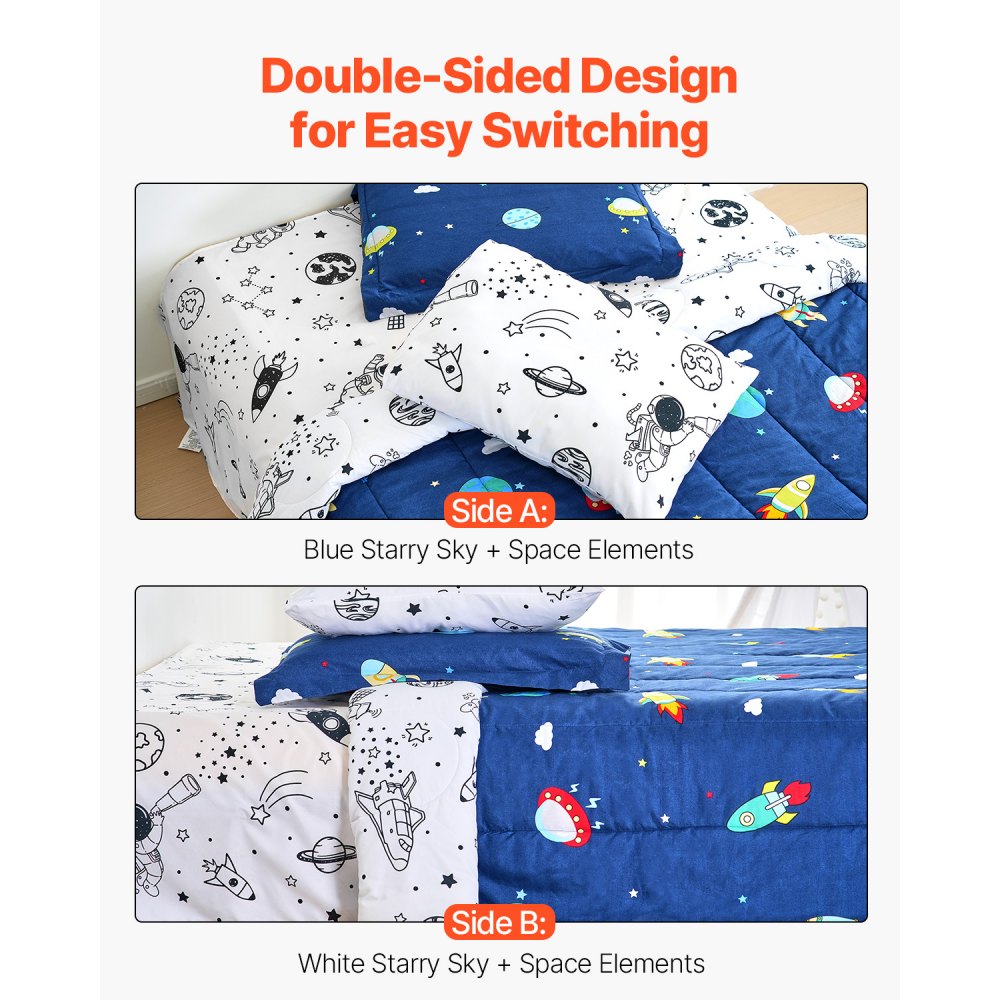 VEVOR Kids Comforter Set, 5 Pieces, Twin Bedding Sets with 1 Comforter, 1 Flat Sheet, 1 Fitted Sheet, 2 Pillowcases, Soft Microfiber & Space Printed, Bedding Comforter Sets for Boys Girls Teen