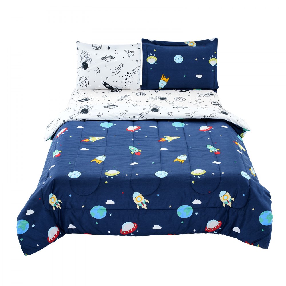 VEVOR Kids Comforter Set, 5 Pieces, Twin Bedding Sets with 1 Comforter, 1 Flat Sheet, 1 Fitted Sheet, 2 Pillowcases, Soft Microfiber & Space Printed, Bedding Comforter Sets for Boys Girls Teen