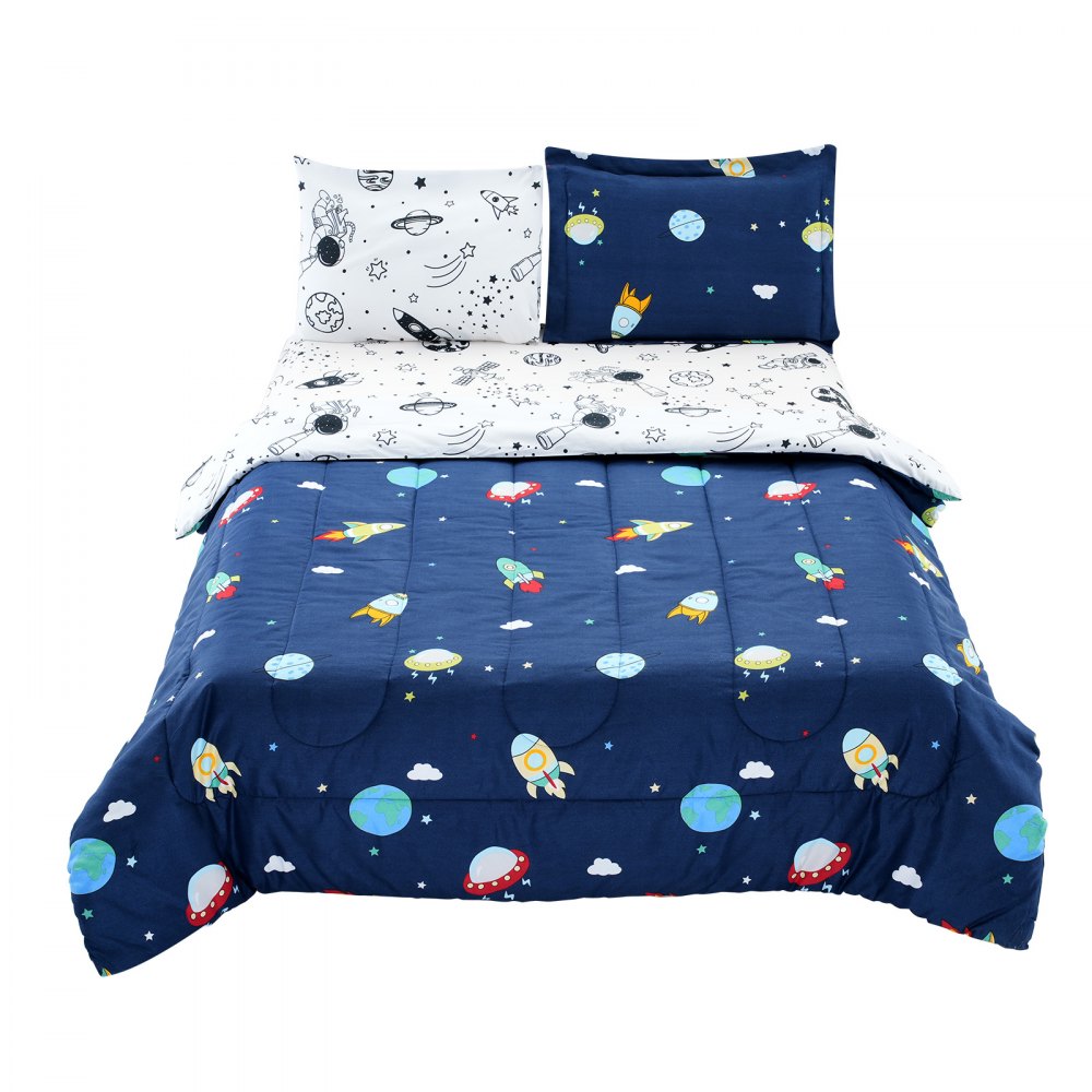 VEVOR Kids Comforter Set, 5 Pieces, Twin Bedding Sets with 1 Comforter, 1 Flat Sheet, 1 Fitted Sheet, 2 Pillowcases, Soft Microfiber & Space Printed, Bedding Comforter Sets for Boys Girls Teen