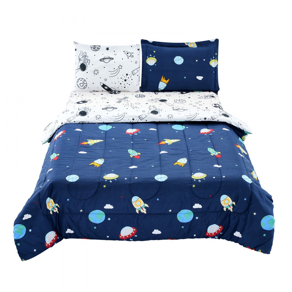 VEVOR Kids Comforter Set, 5 Pieces, Twin Bedding Sets with 1 Comforter, 1 Flat Sheet, 1 Fitted Sheet, 2 Pillowcases, Soft Microfiber & Space Printed, Bedding Comforter Sets for Boys Girls Teen