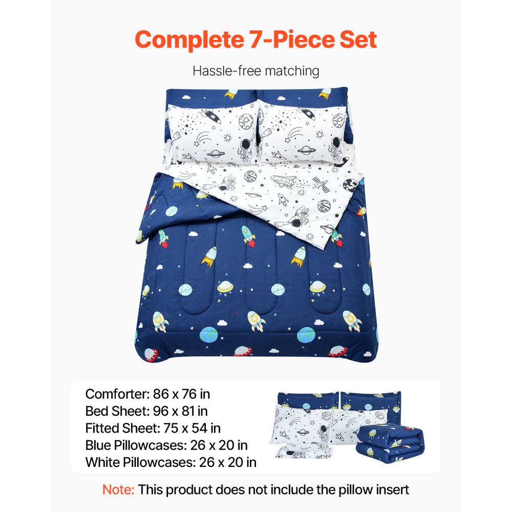VEVOR Kids Comforter Set, 7 Pieces, Twin Bedding Sets with 1 Comforter, 1 Flat Sheet, 1 Fitted Sheet, 4 Pillowcases, Soft Microfiber & Space Printed, Bedding Comforter Sets for Boys Girls Teen