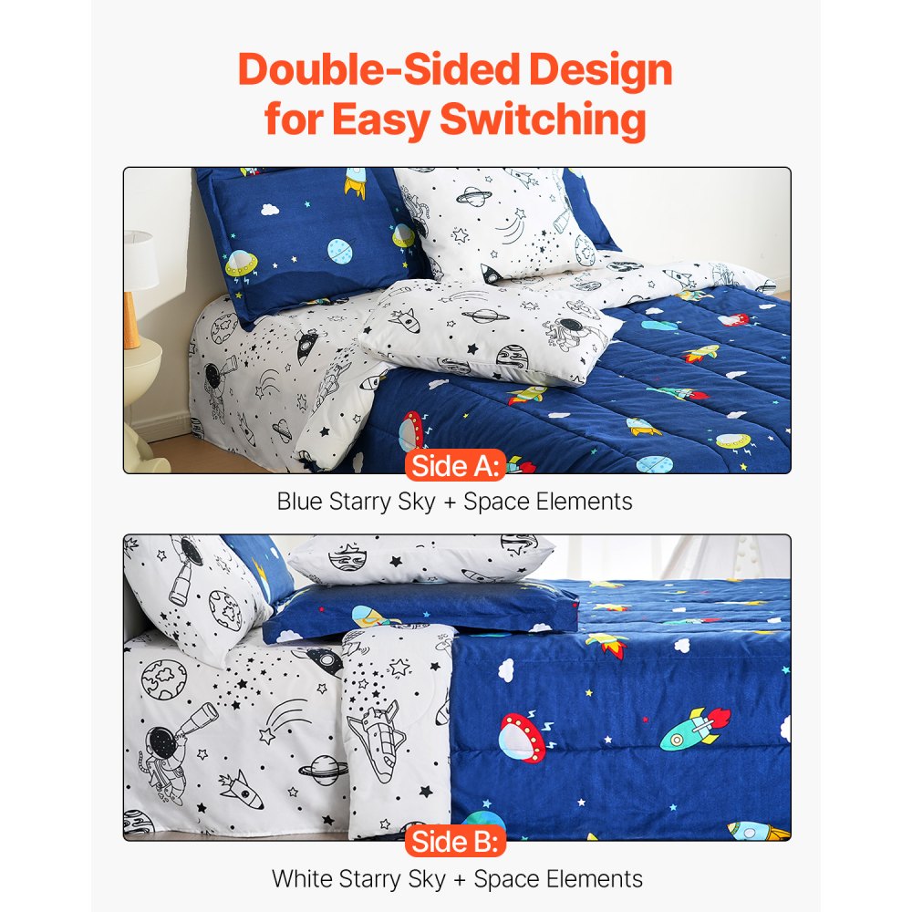 VEVOR Kids Comforter Set, 7 Pieces, Twin Bedding Sets with 1 Comforter, 1 Flat Sheet, 1 Fitted Sheet, 4 Pillowcases, Soft Microfiber & Space Printed, Bedding Comforter Sets for Boys Girls Teen