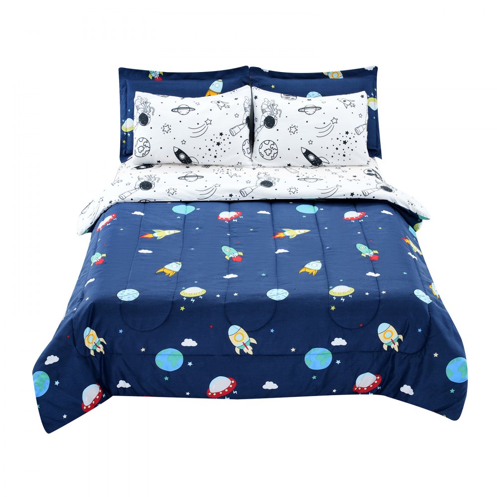 VEVOR Kids Comforter Set, 7 Pieces, Twin Bedding Sets with 1 Comforter, 1 Flat Sheet, 1 Fitted Sheet, 4 Pillowcases, Soft Microfiber & Space Printed, Bedding Comforter Sets for Boys Girls Teen