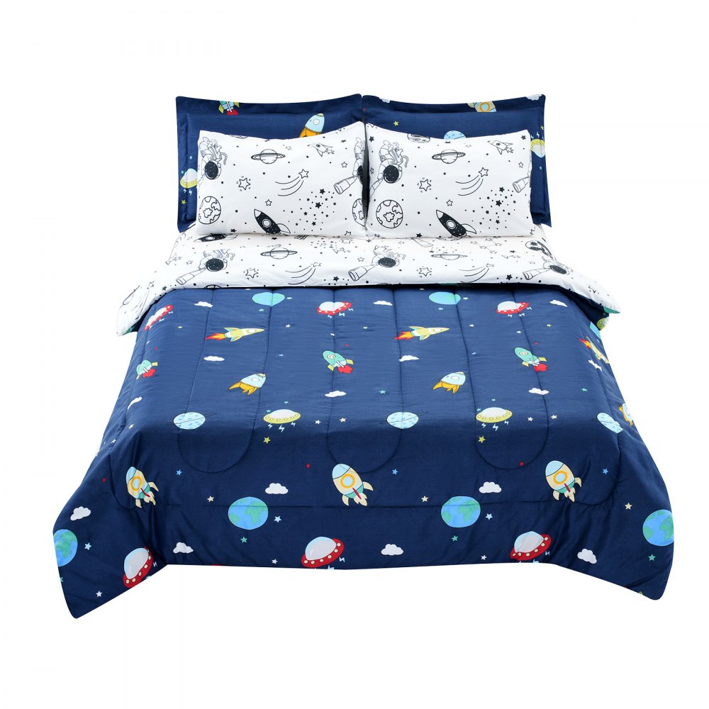 VEVOR Kids Comforter Set, 7 Pieces, Twin Bedding Sets with 1 Comforter, 1 Flat Sheet, 1 Fitted Sheet, 4 Pillowcases, Soft Microfiber & Space Printed, Bedding Comforter Sets for Boys Girls Teen