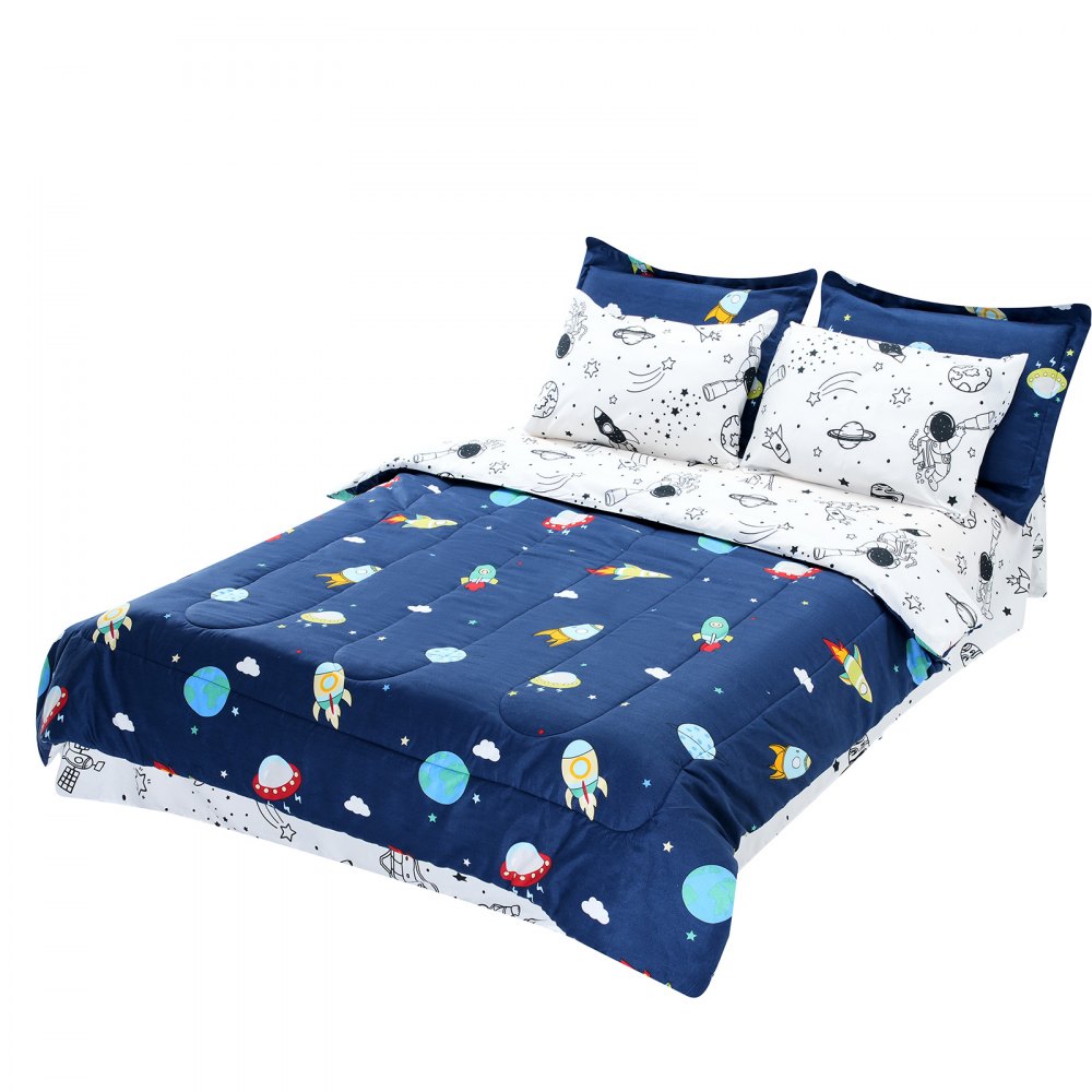 VEVOR Kids Comforter Set, 7 Pieces, Twin Bedding Sets with 1 Comforter, 1 Flat Sheet, 1 Fitted Sheet, 4 Pillowcases, Soft Microfiber & Space Printed, Bedding Comforter Sets for Boys Girls Teen