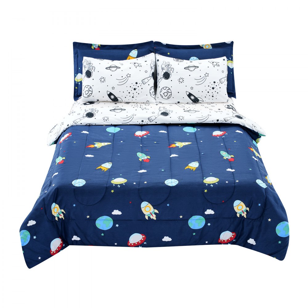 VEVOR Kids Comforter Set, 7 Pieces, Twin Bedding Sets with 1 Comforter, 1 Flat Sheet, 1 Fitted Sheet, 4 Pillowcases, Soft Microfiber & Space Printed, Bedding Comforter Sets for Boys Girls Teen
