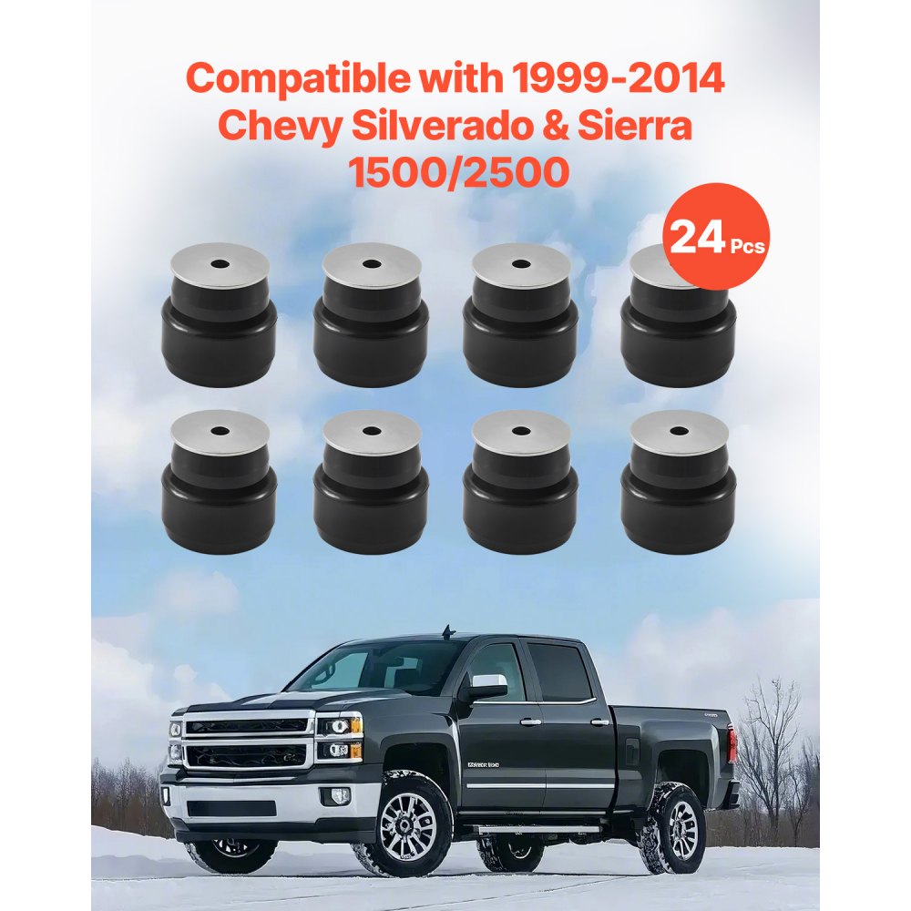 VEVOR Body Mount Bushing Kit, Compatible with 1999-2014 Chevy Silverado & Sierra 1500/2500, 24 PCS Polyurethane Body Mount Kit, Durable Components for Improving Bumpy Driving Performance, Black