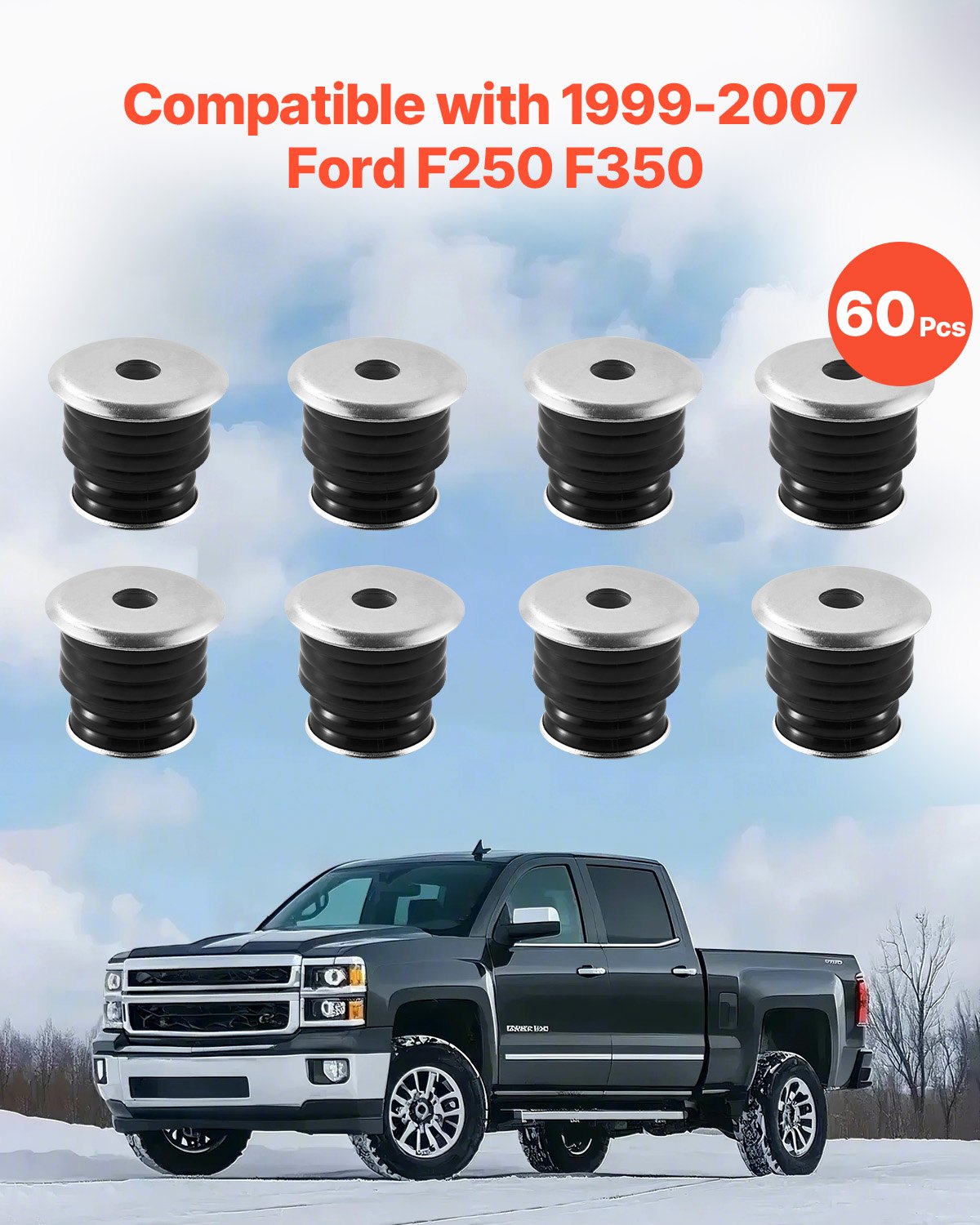 VEVOR Body Mount Bushing Kit, Compatible with 1999-2007 Ford F250 F350, 60 PCS Polyurethane Body Mount Kit, Quick Replacement, Durable Components for Improving Bumpy Driving Performance, Black