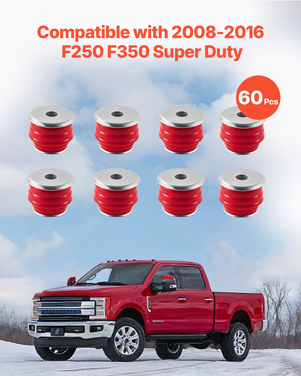 VEVOR Body Mount Bushing Kit, Compatible with 2008-2016 F250 F350 Super Duty, 60 PCS Polyurethane Body Mount Kit, Quick Replacement, Durable Components for Improving Bumpy Driving Performance, Red