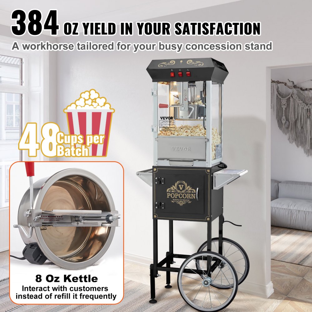 VEVOR Popcorn Maker with Cart, 850W Popcorn Popper Machine, 8 Oz Kettle Makes 48 Cups per Batch, Popcorn Maker Equipped with Tempered Glass, Includes 4 Scoops, Movie Theater Style, Black