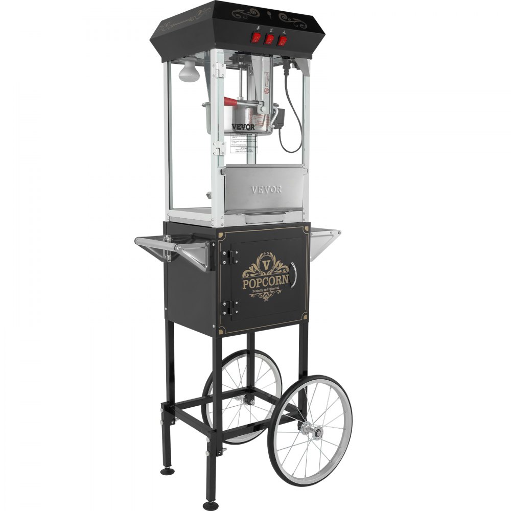 VEVOR Popcorn Maker with Cart, 850W Popcorn Popper Machine, 8 Oz Kettle Makes 48 Cups per Batch, Popcorn Maker Equipped with Tempered Glass, Includes 4 Scoops, Movie Theater Style, Black